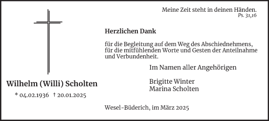 Traueranzeige von Wilhelm Scholten von Tageszeitung