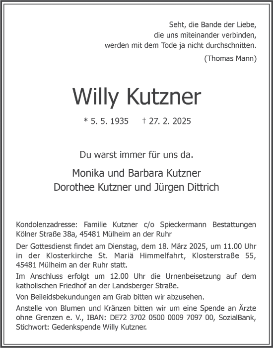 Traueranzeige von Willy Kutzner von Tageszeitung