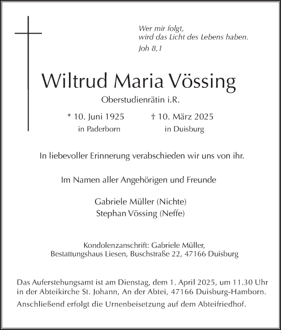 Traueranzeige von Wiltrud Maria Vössing von Tageszeitung