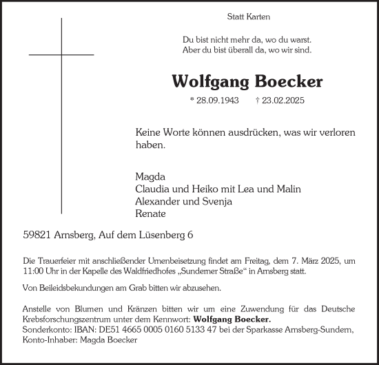 Traueranzeige von Wolfgang Boecker von Tageszeitung
