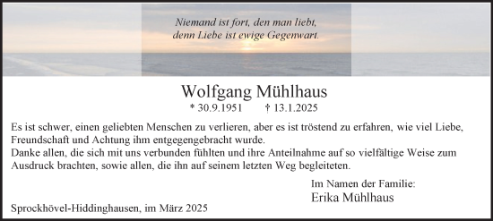Traueranzeige von Wolfgang Mühlhaus von Tageszeitung
