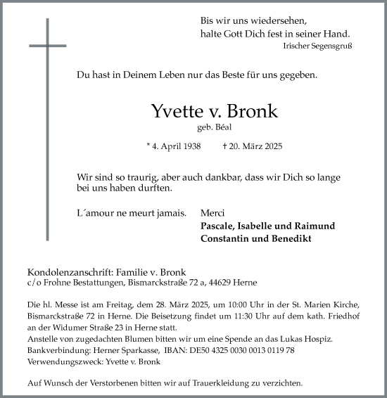 Traueranzeige von Yvette v. Bronk von Tageszeitung