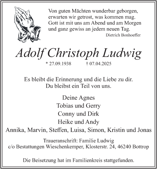Traueranzeige von Adolf  Ludwig von Tageszeitung