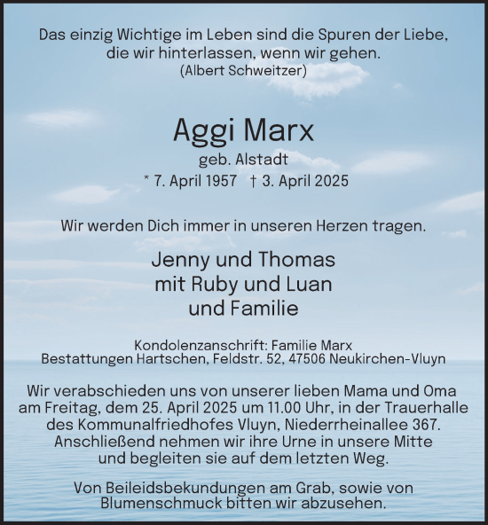 Traueranzeige von Aggi Marx von Tageszeitung