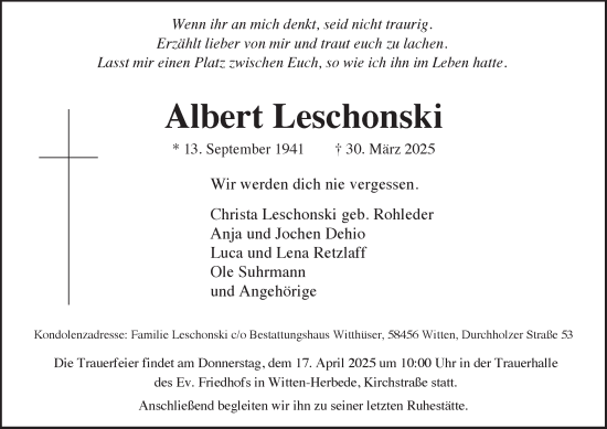 Traueranzeige von Albert Leschonski von Tageszeitung