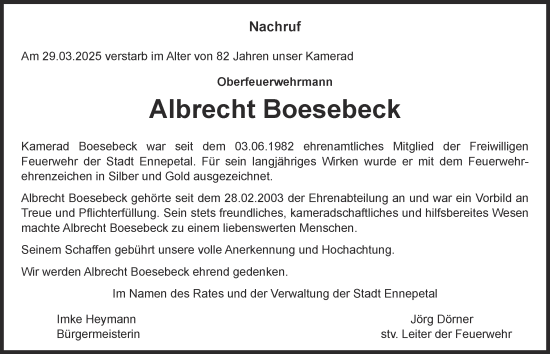 Traueranzeige von Albrecht Boesebeck von Tageszeitung
