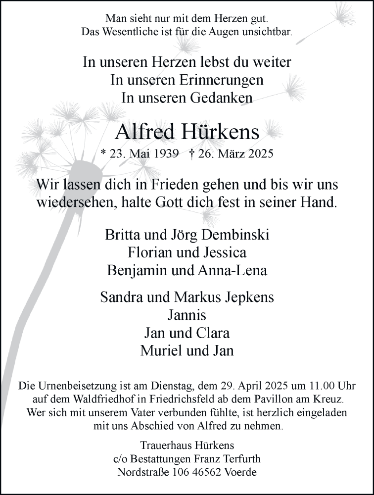  Traueranzeige für Alfred Hürkens vom 26.04.2025 aus Tageszeitung
