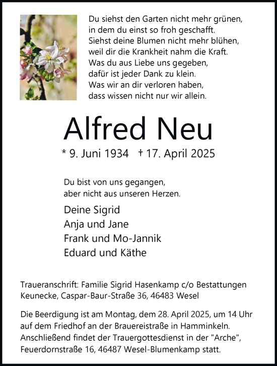 Traueranzeige von Alfred Neu von Tageszeitung