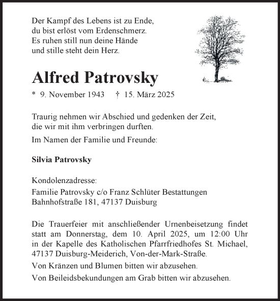 Traueranzeige von Alfred Patrovsky von Tageszeitung