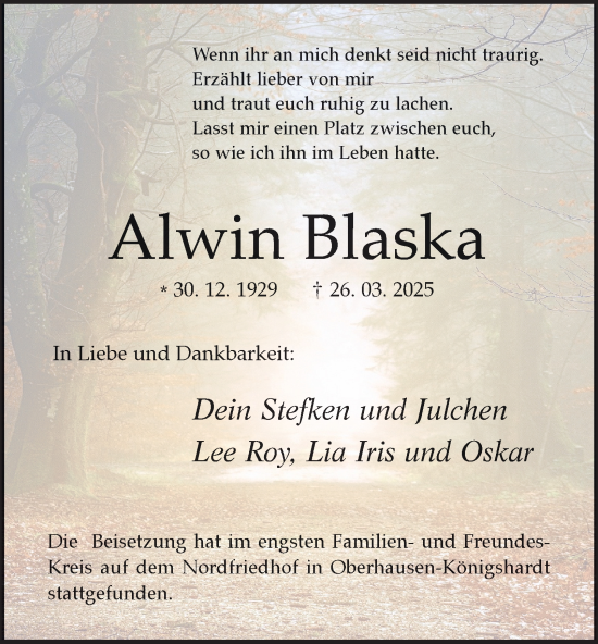 Traueranzeige von Alwin Blaska von Tageszeitung
