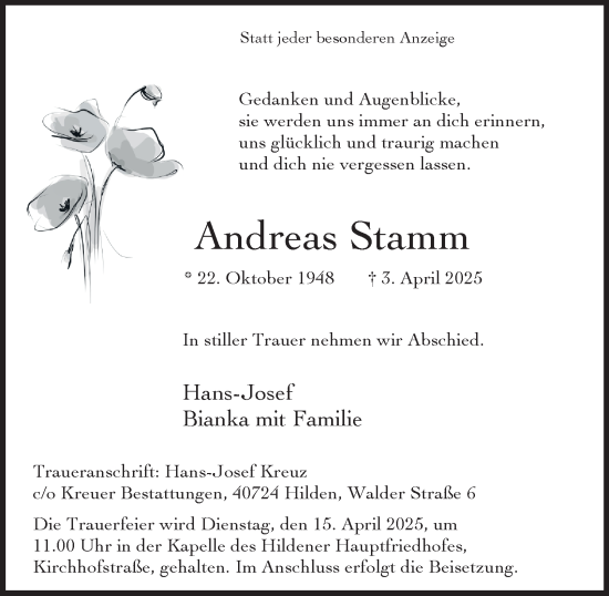 Traueranzeige von Andreas Stamm von Tageszeitung