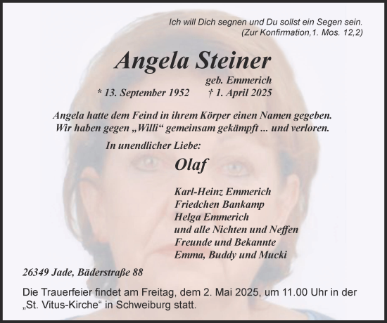 Traueranzeige von Angela Steiner von Tageszeitung