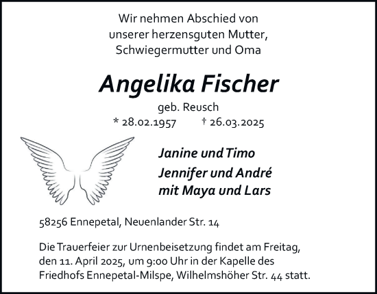 Traueranzeige von Angelika Fischer von Tageszeitung