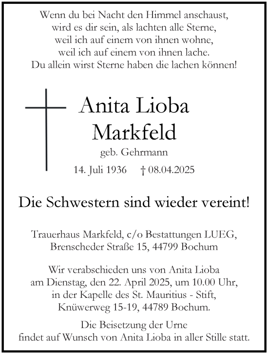 Traueranzeige von Anita Lioba Markfeld von Tageszeitung