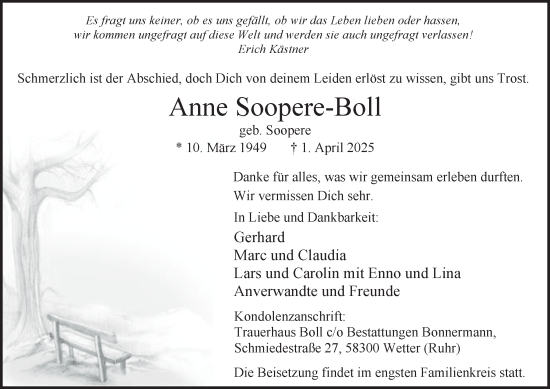 Traueranzeige von Anne Soopere-Boll von Tageszeitung