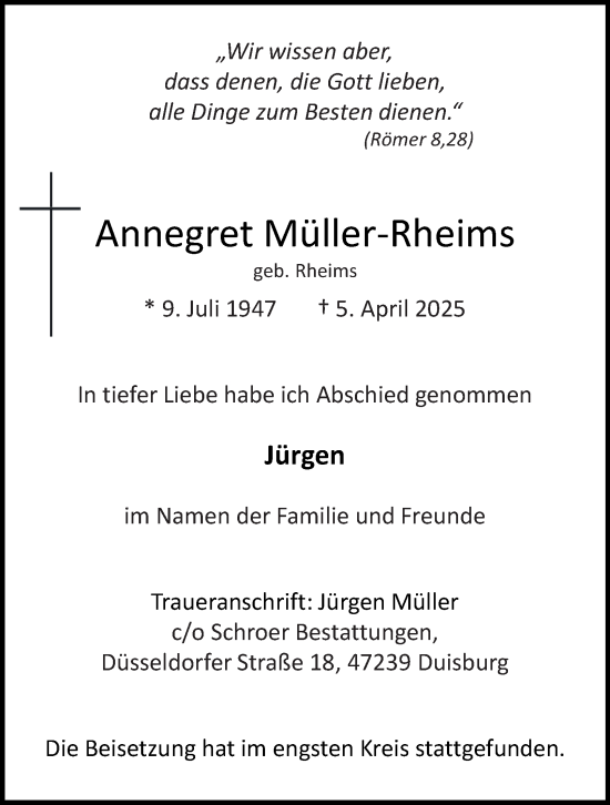 Traueranzeige von Annegret Müller-Rheims von Tageszeitung