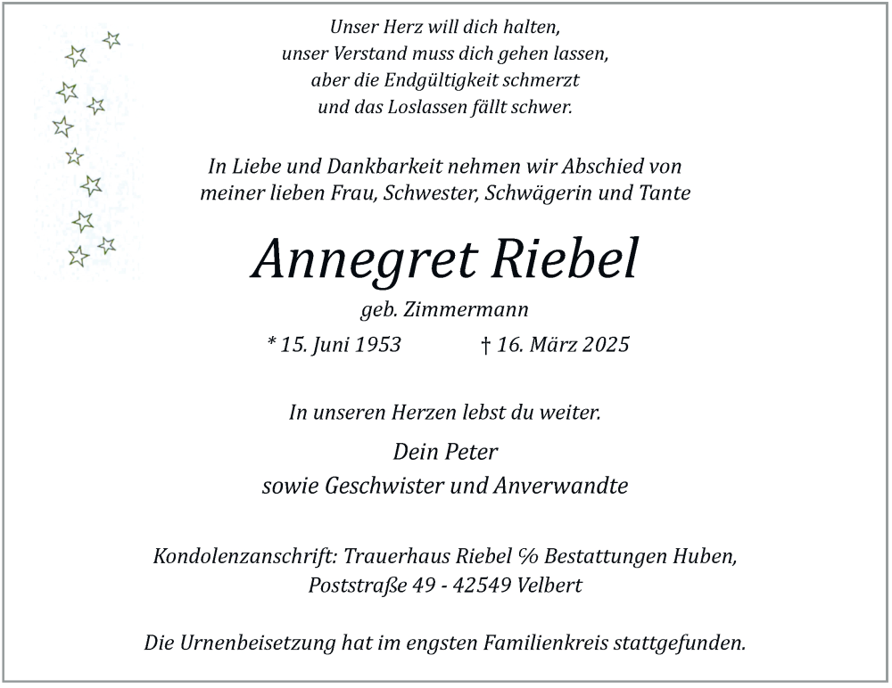  Traueranzeige für Annegret Riebel vom 12.04.2025 aus Tageszeitung
