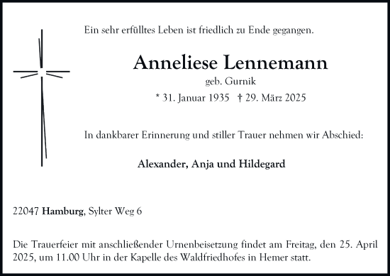 Traueranzeige von Anneliese Lennemann von Tageszeitung