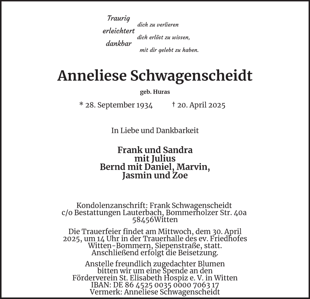  Traueranzeige für Anneliese Schwagenscheidt vom 26.04.2025 aus Tageszeitung