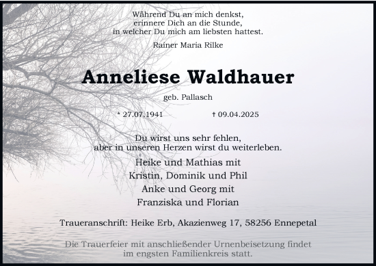 Traueranzeige von Anneliese Waldhauer von Tageszeitung