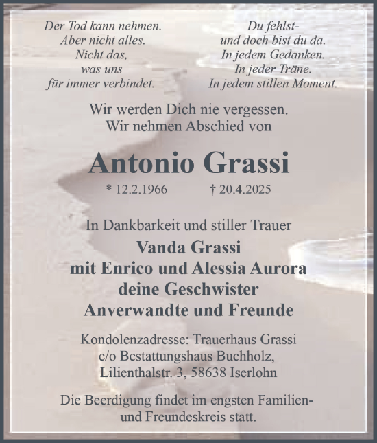 Traueranzeige von Antonio Grassi von Tageszeitung