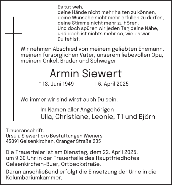 Traueranzeige von Armin Siewert von Tageszeitung
