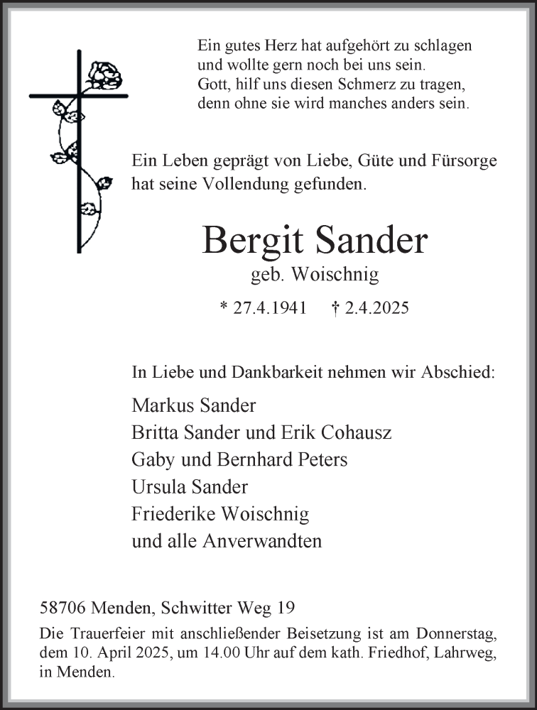  Traueranzeige für Bergit Sander vom 05.04.2025 aus Tageszeitung