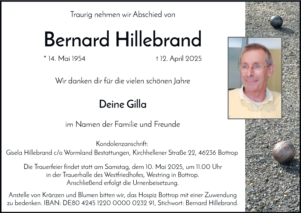  Traueranzeige für Bernard Hillebrand vom 26.04.2025 aus Tageszeitung