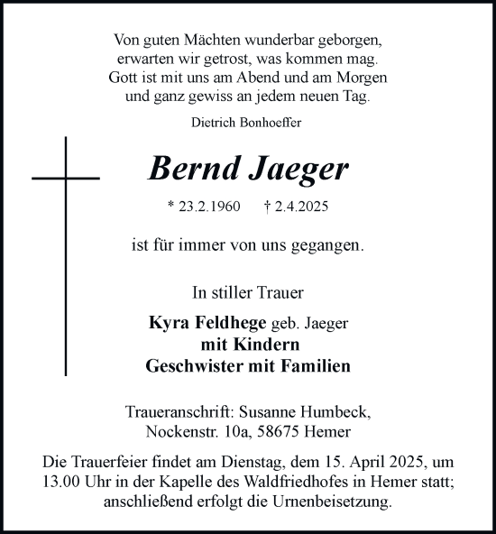 Traueranzeige von Bernd Jaeger von Tageszeitung