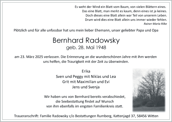 Traueranzeige von Bernhard Radowsky von Tageszeitung