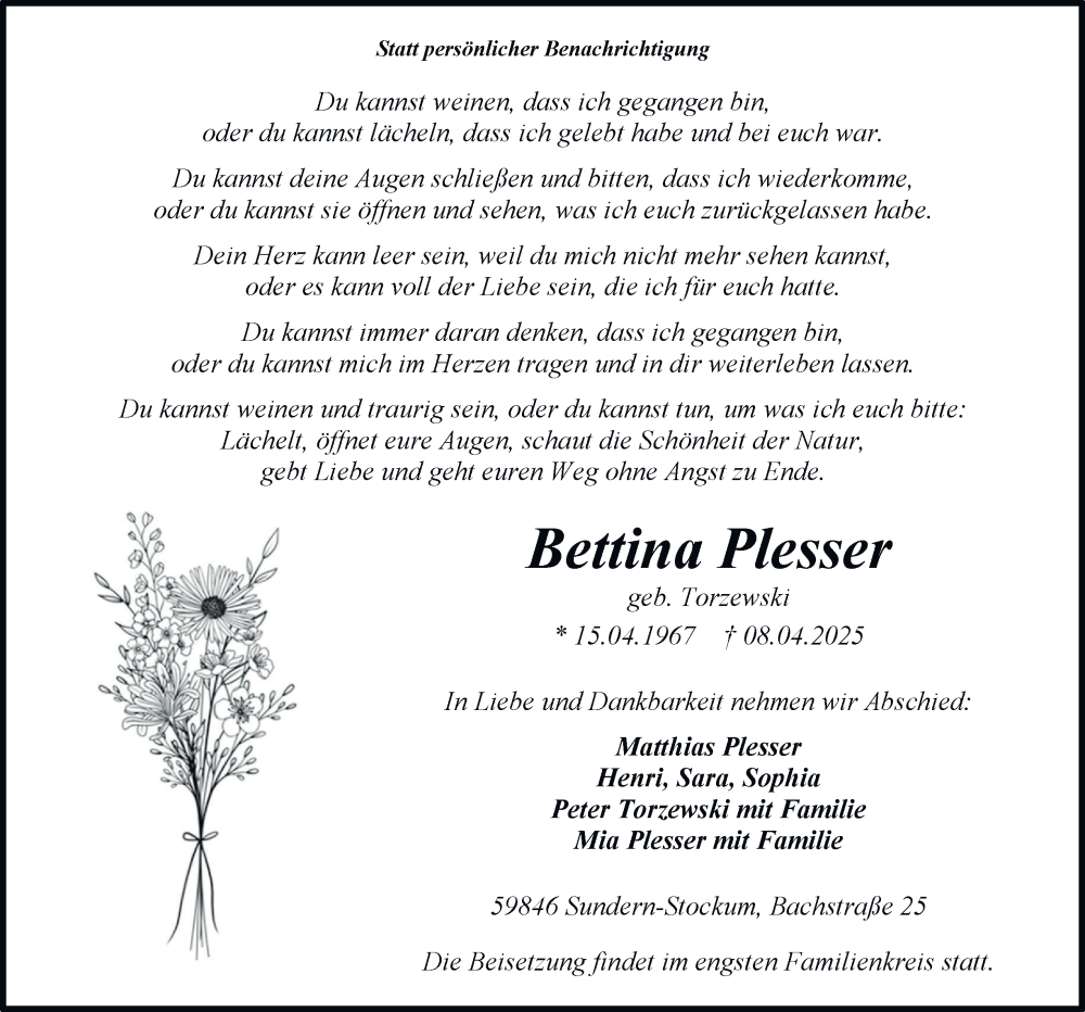 Traueranzeige für Bettina Plesser vom 12.04.2025 aus Tageszeitung