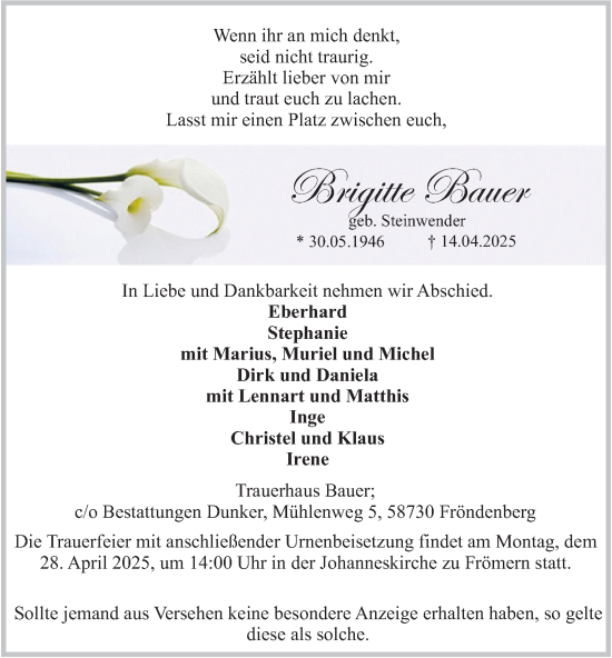 Traueranzeige von Brigitte Bauer von Tageszeitung