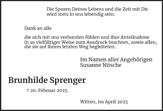Traueranzeige von Brunhilde Sprenger von Tageszeitung