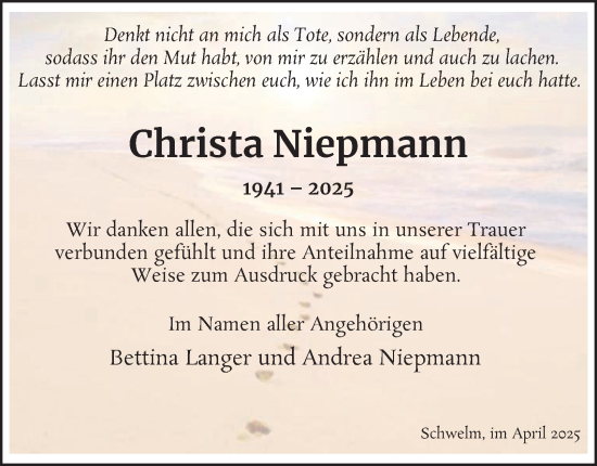 Traueranzeige von Christa Niepmann von Tageszeitung