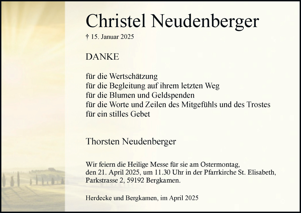  Traueranzeige für Christel Neudenberger vom 12.04.2025 aus Tageszeitung