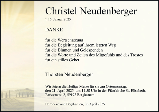 Traueranzeige von Christel Neudenberger von Tageszeitung