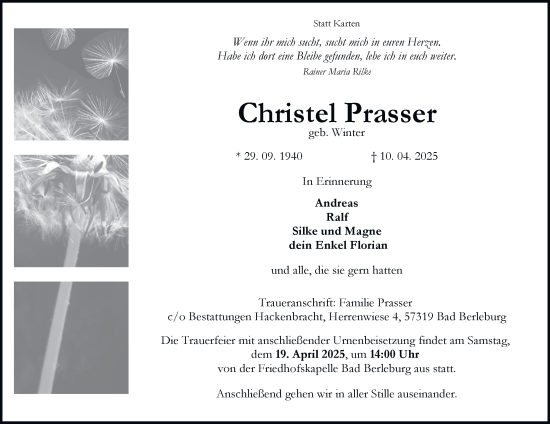 Traueranzeige von Christel Prasser von Tageszeitung