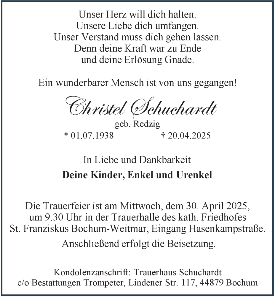  Traueranzeige für Christel Schuchardt vom 26.04.2025 aus Tageszeitung