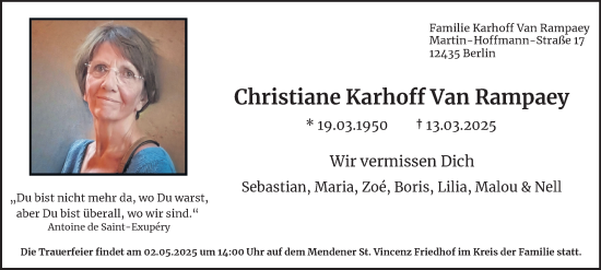 Traueranzeige von Christiane Karhoff Van Rampaey von Tageszeitung