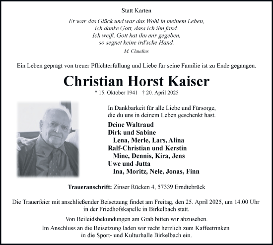 Traueranzeige von Christian Horst Kaiser von Tageszeitung
