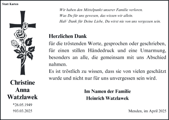Traueranzeige von Christine AnnaWatzlawek Watzlawek von Tageszeitung