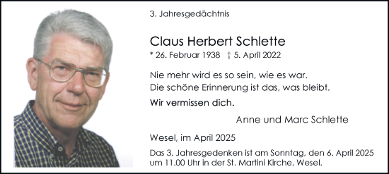 Traueranzeige von Claus Herbert Schlette von Tageszeitung