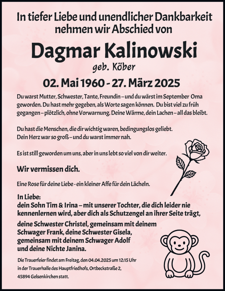  Traueranzeige für Dagmar Kalinowski vom 02.04.2025 aus Tageszeitung