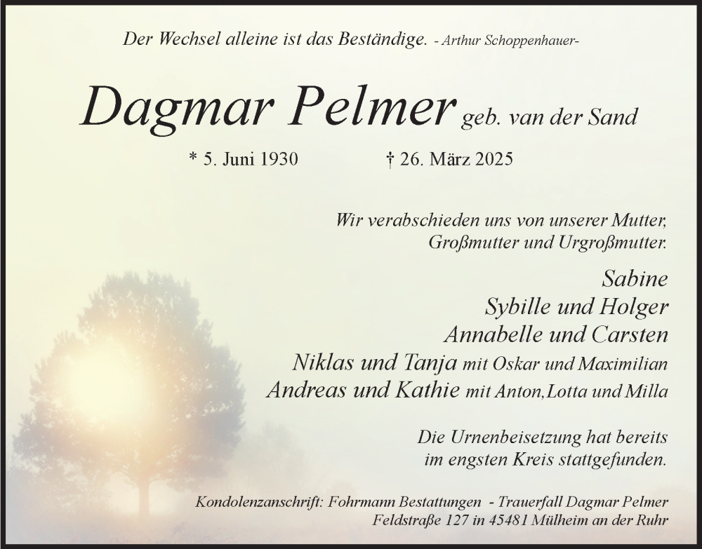  Traueranzeige für Dagmar Pelmer vom 26.04.2025 aus Tageszeitung
