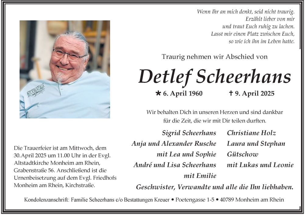  Traueranzeige für Detlef Scheerhans vom 26.04.2025 aus Tageszeitung