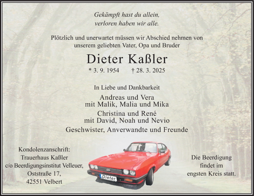  Traueranzeige für Dieter Kaßler vom 12.04.2025 aus Tageszeitung