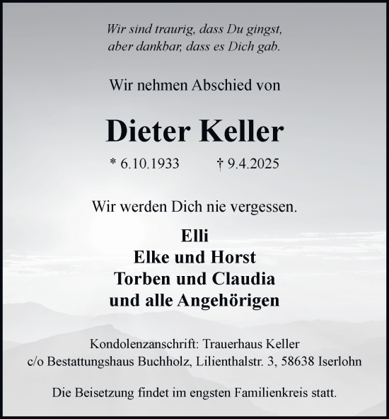 Traueranzeige von Dieter Keller von Tageszeitung