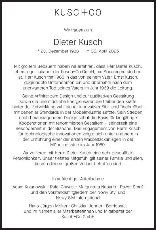 Traueranzeige von Dieter Kusch von Tageszeitung