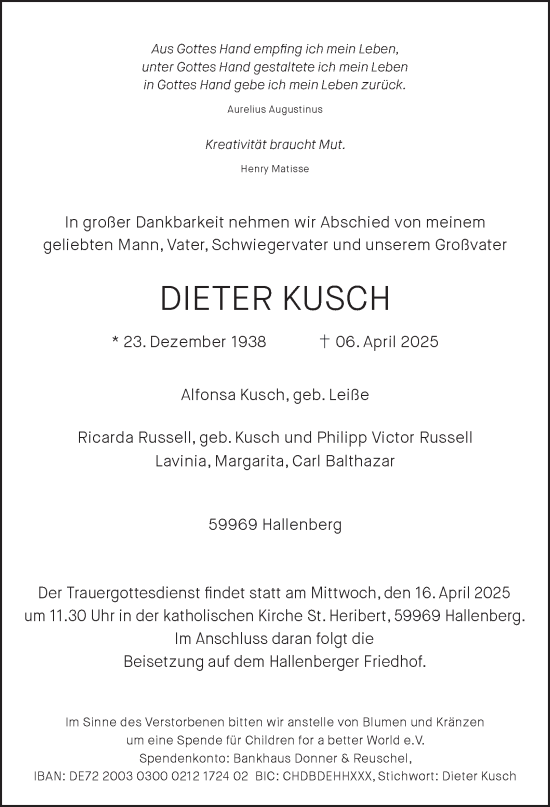 Traueranzeige von Dieter Kusch von Tageszeitung