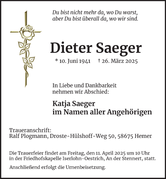 Traueranzeige von Dieter Saeger von Tageszeitung